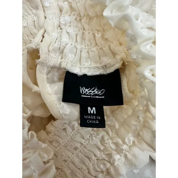 Sheer White Polka Dot Long Sleeve Blouse With Smocked Neckline M - Picture 4 of 7